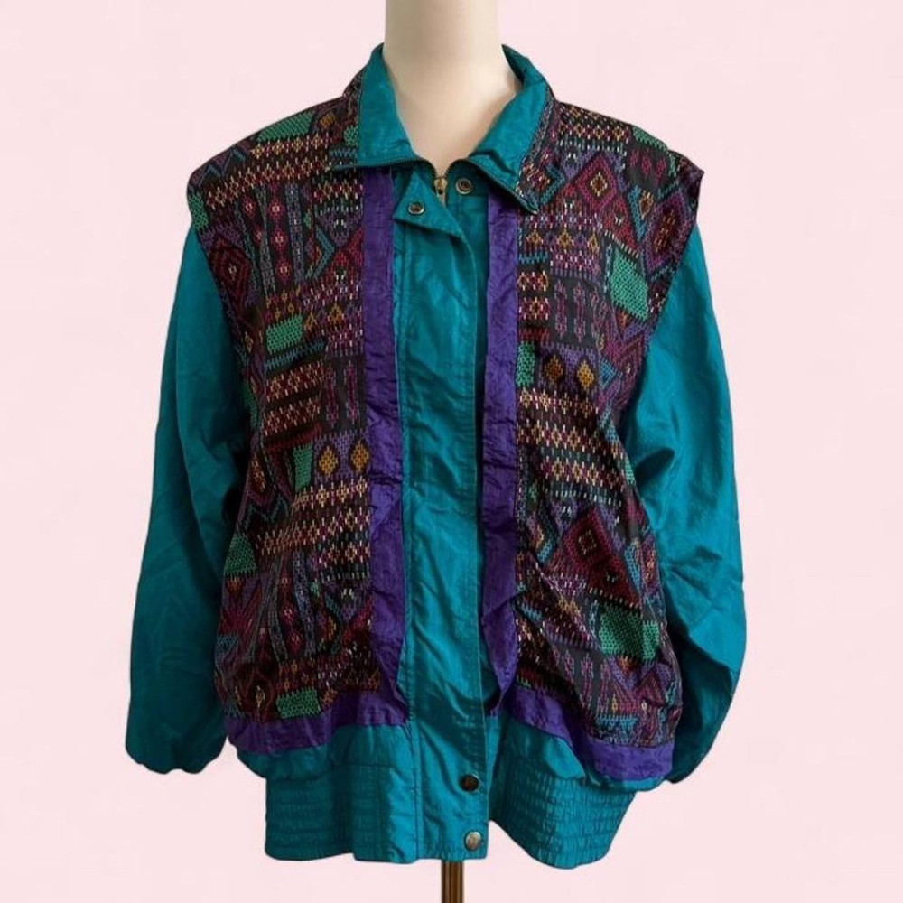 Vintage 90s Jennifer Moore Activewear teal &‎ aztec print windbreaker jacket
